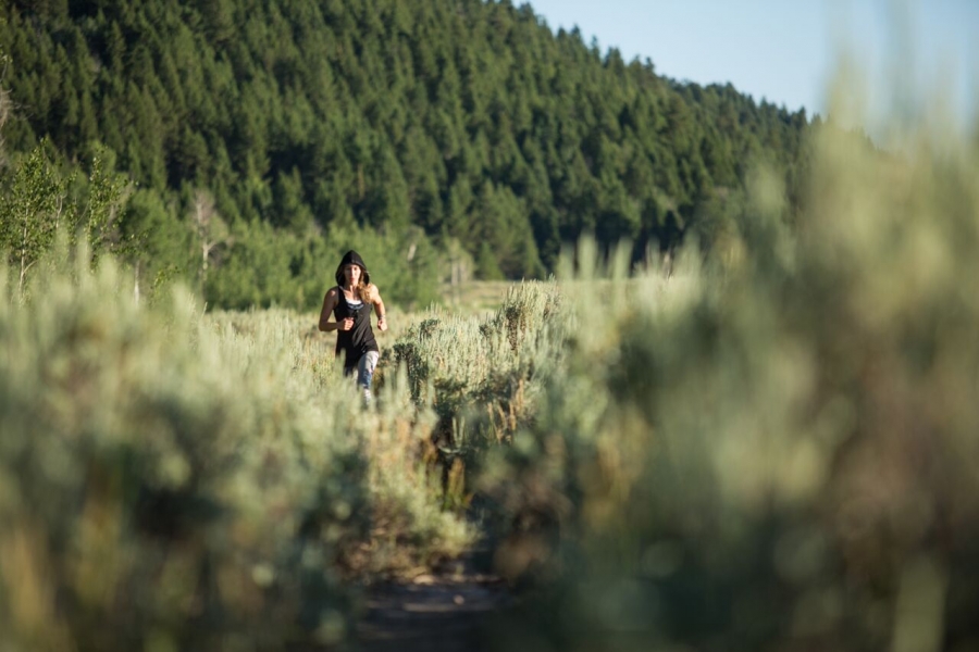woman hikes through lush green pine trees - yogatoday